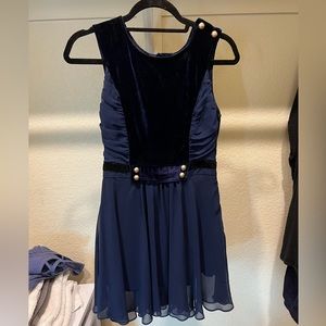 ModCloth navy velvet and chiffon mini dress w/ gold accent buttons & cutout back
